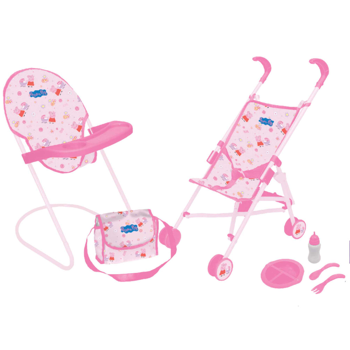 Peppa Pig Nursery Bundle - 7 Piece Playset: A colourful Peppa Pig-themed toy set including a high chair, stroller, Feeding set, perfect for toddlers&#39; imaginative play and doll care.