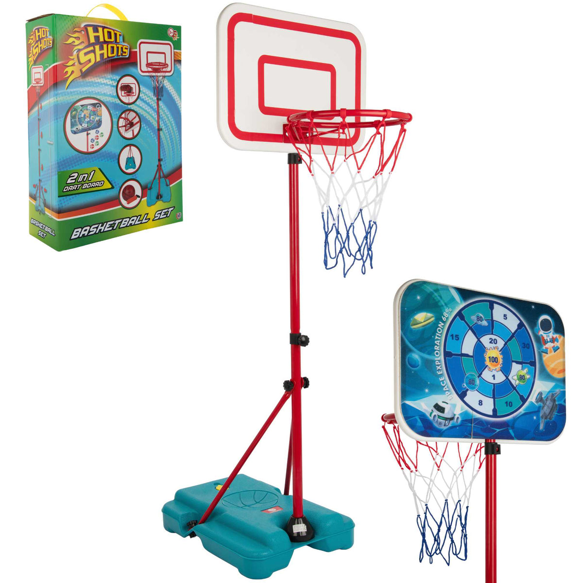 2-in-1 Kids Basketball Hoop Set with Adjustable Height, Sticky Dart Board, Velcro Darts, 3 Mini Balls, Ball Pump, and Water-Fillable Base for Indoor and Outdoor Play