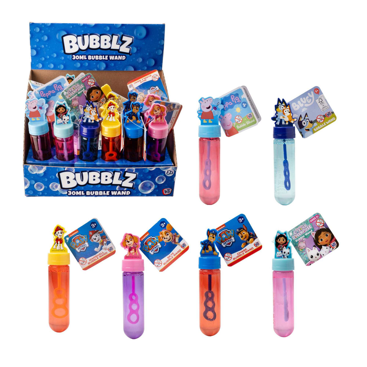 24-pack of bubble wands featuring Peppa Pig, Bluey, Chase, Skye, Marshall from Paw Patrol, and Gabby&#39;s Dollhouse characters, colorful bubble toys for kids&#39; parties, outdoor play, and party favors.