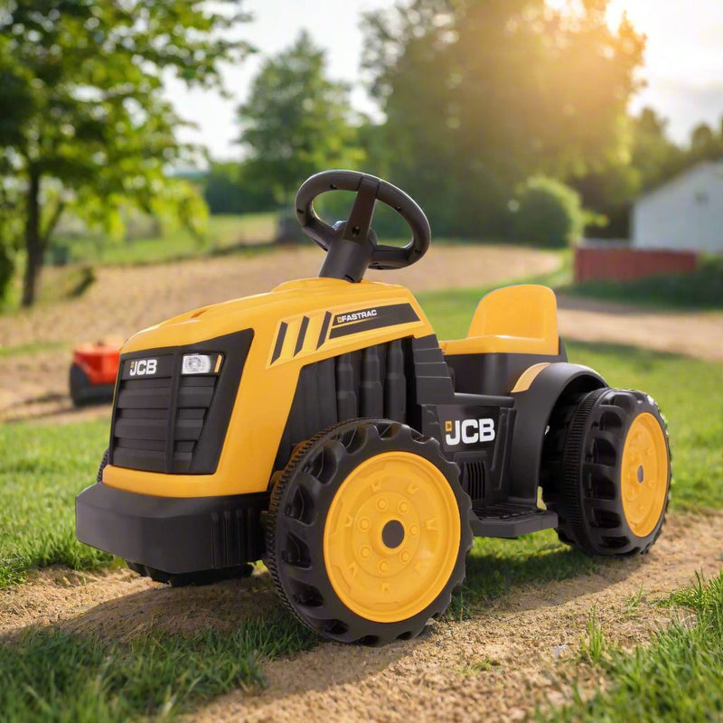 EVO JCB Battery Operated Tractor Ride-On for 2-year-olds, featuring a yellow and black JCB design, battery-powered operation, and a stable, comfortable ride for imaginative farm adventures.