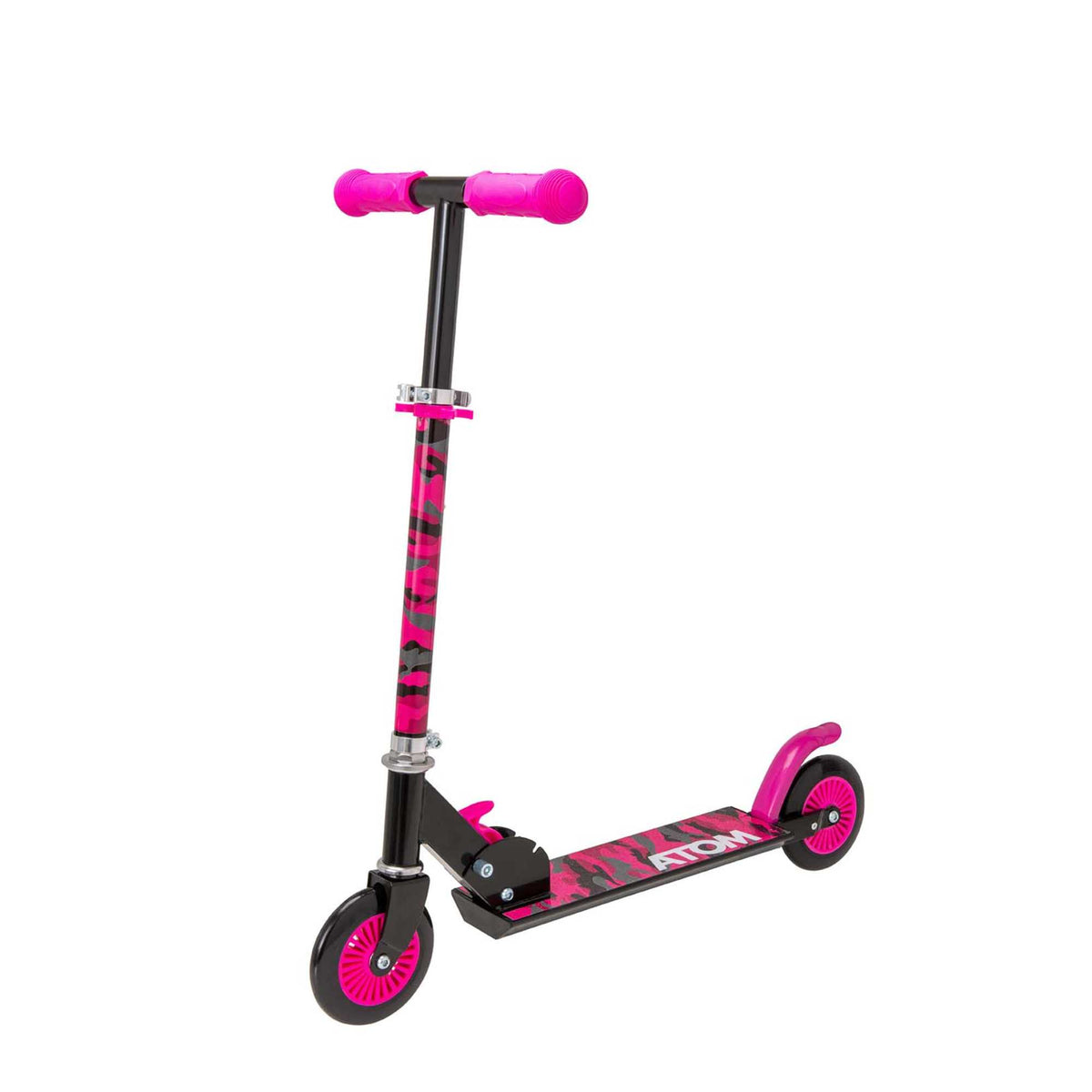 ATOM Inline 2-wheeled children&#39;s scooter in a stylish pink camouflage theme, featuring a durable design, eye-catching camouflage patterns, and a trendy look ideal for young riders