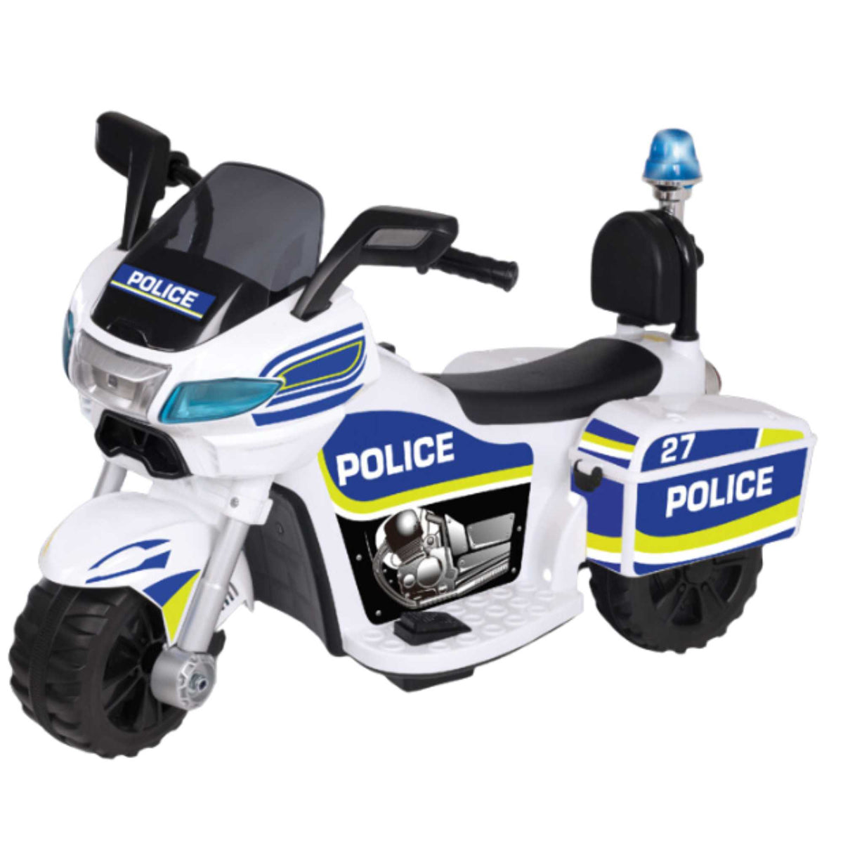 EVO Police Sport Bike Ride On for ages 2+, featuring a realistic police bike design with flashing lights and authentic sounds, durable frame, wide stable wheels, and easy-grip handles for safe and exciting outdoor play.