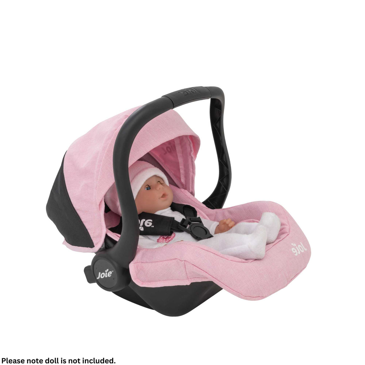 Joie I-Gemm Dolls Car Seat in pink and black, featuring a realistic design with secure harness, padded interior, and carry handle, perfect for children to safely transport their dolls during playtime