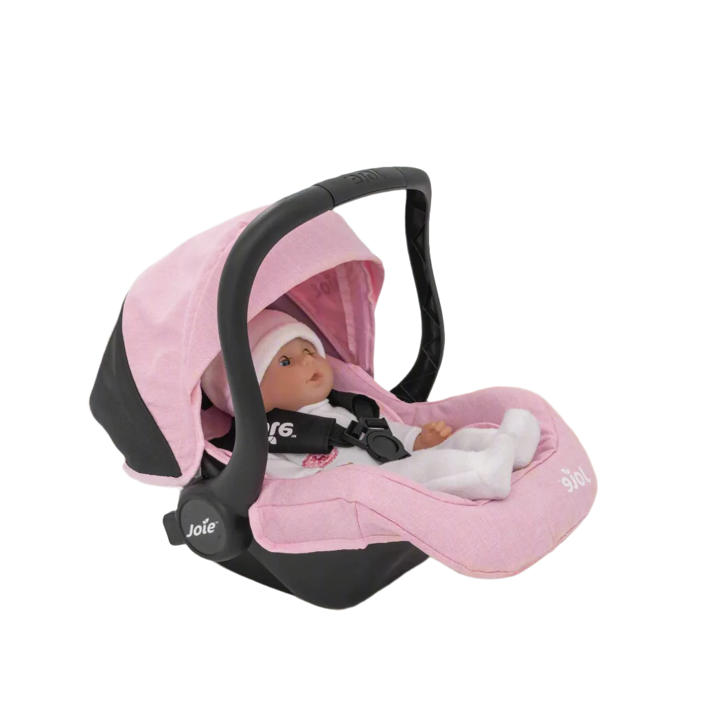 Joie I-Gemm Dolls Car Seat in pink and black, featuring a realistic design with secure harness, padded interior, and carry handle, perfect for children to safely transport their dolls during playtime