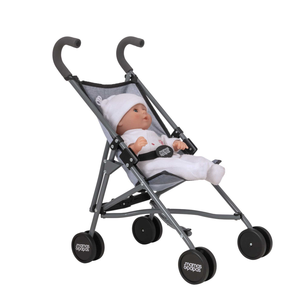 Mamas &amp; Papas Junior Doll Stroller in grey, featuring a foldable and lightweight design for easy storage and portability, ideal for children&#39;s imaginative play with dolls.