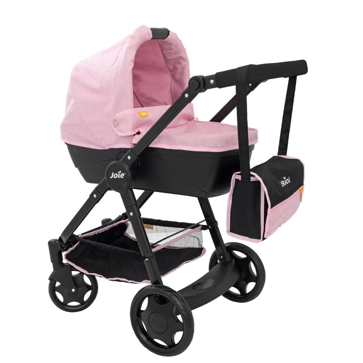 Joie Mytrax Dolls Pram in pink and black, featuring a realistic design with adjustable handle height, swivel wheels, and a large storage basket, ideal for children to take their dolls on walks and play pretend.