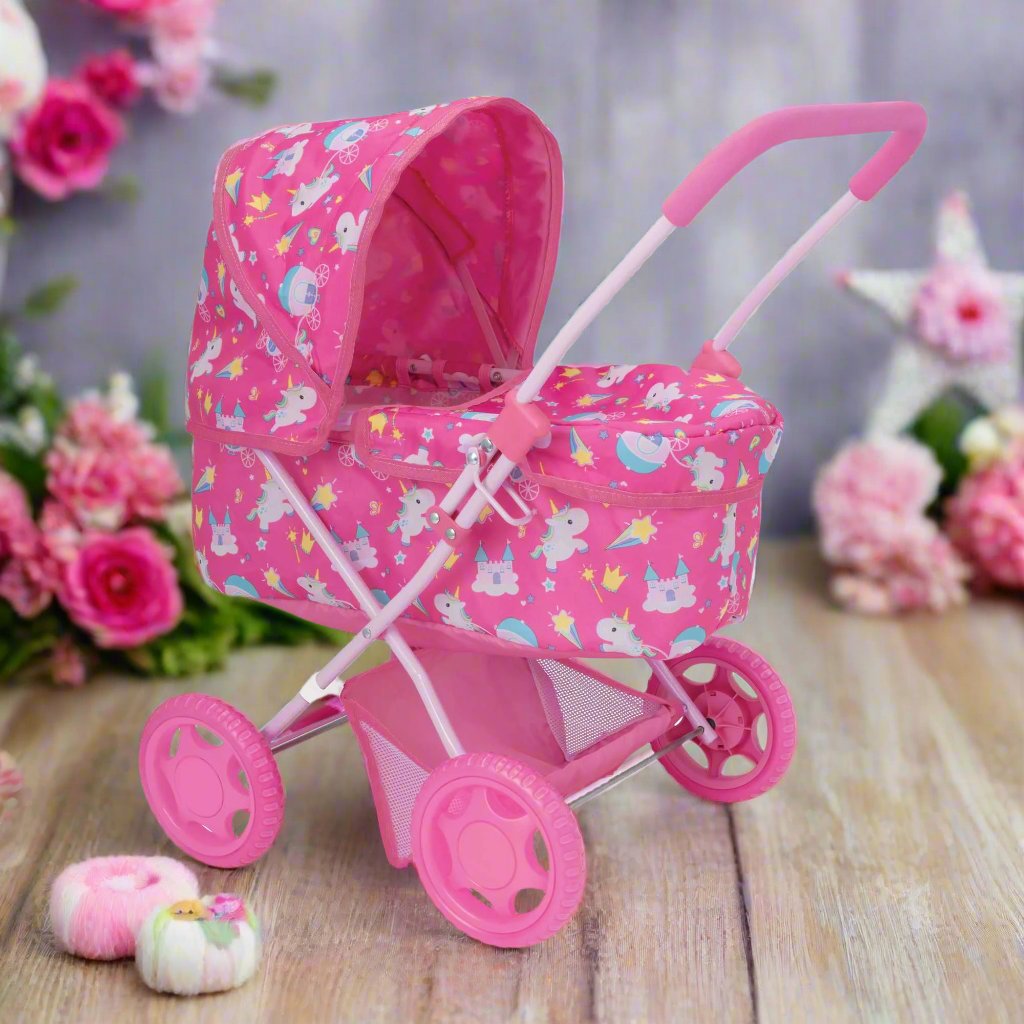 Adorable doll pram featuring a charming unicorn pattern, perfect for young children&#39;s imaginative play. Sturdy construction and easy maneuverability make it ideal for indoor and outdoor adventures. Compatible with various dolls and plush toys