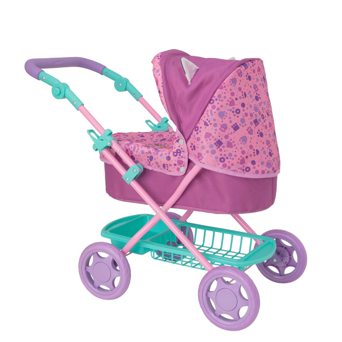 Adorable and colourful toy pram inspired by Gabby&#39;s Dollhouse, perfect for children to transport their favourite dolls and stuffed animals. Features include a sturdy frame, easy-to-push wheels, and playful designs with popular characters from the show. 