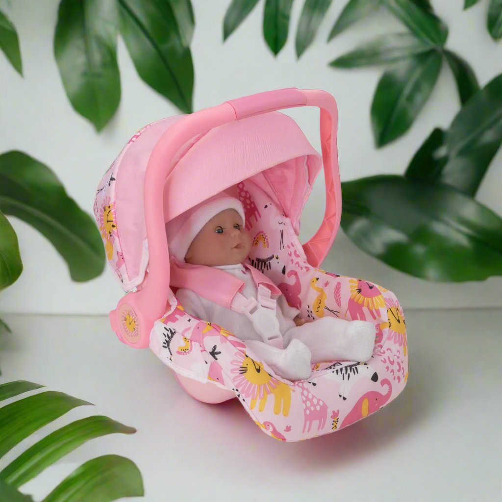 BabyBoo Jungle Print Dolls Car Seat - Adorable car seat with a vibrant jungle print, perfect for dolls, enhancing pretend play and safety awareness for children.