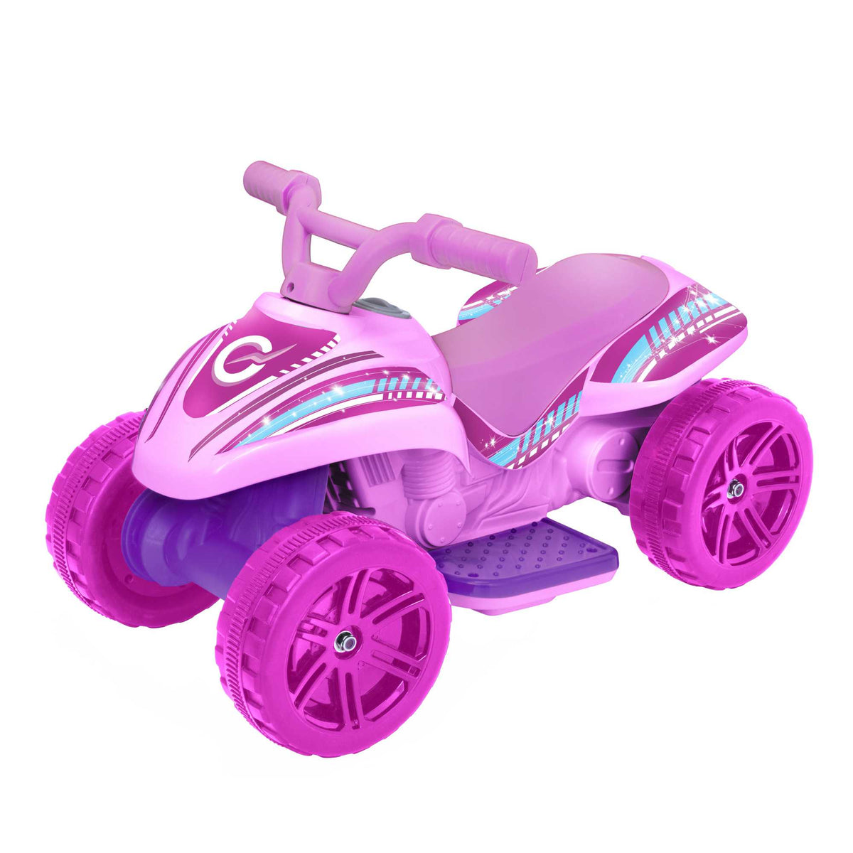 Electric pink EVO Shimmer Quad Ride-On for 2-year-olds, featuring a sturdy four-wheel design, ergonomic seat, and easy-to-grip handlebars, perfect for safe and fun outdoor adventures.