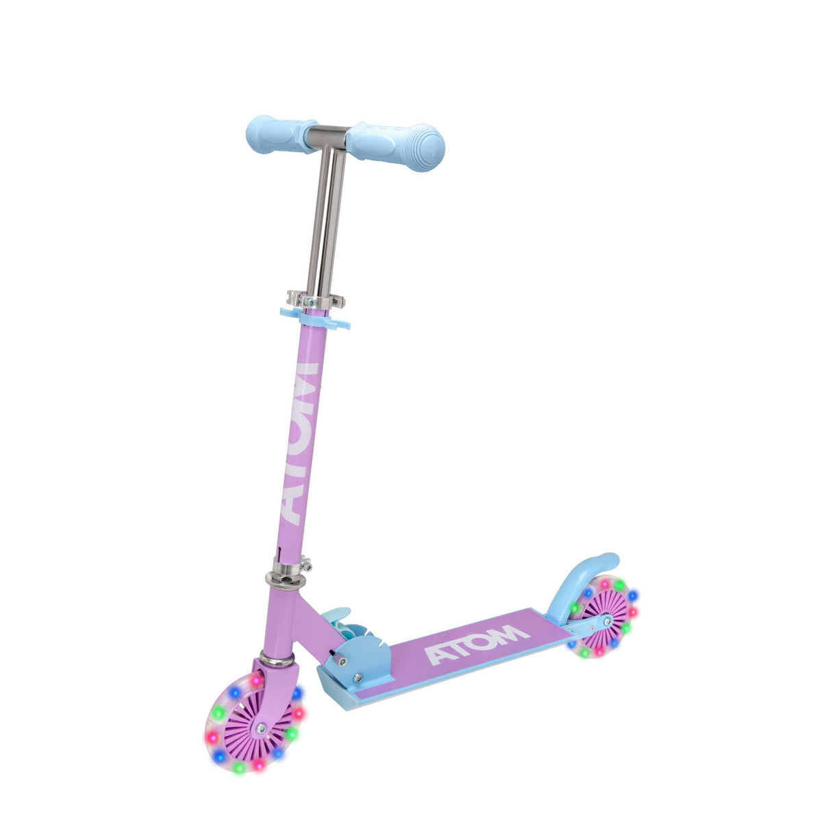 ATOM Inline Children&#39;s Kick Scooter in bright colours, designed for kids with a sturdy frame, adjustable handlebars, and smooth-rolling wheels, perfect for outdoor fun and active play.