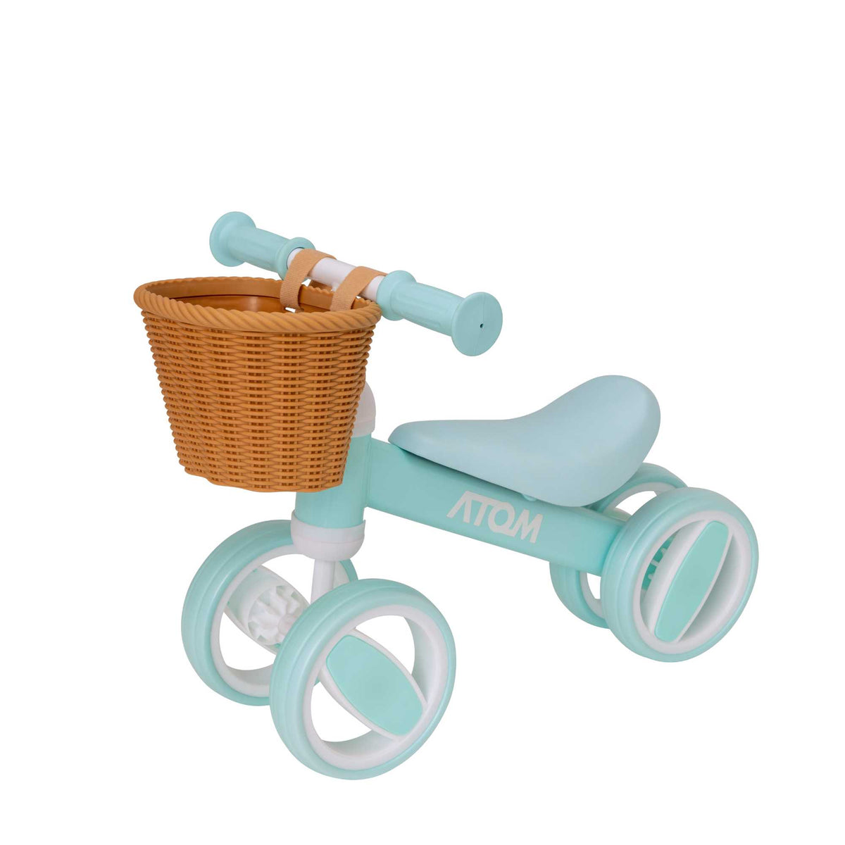 Atom Bobble Bike with Basket in Mint Green, charming children&#39;s bicycle with front basket. Perfect Balance Bike for training.