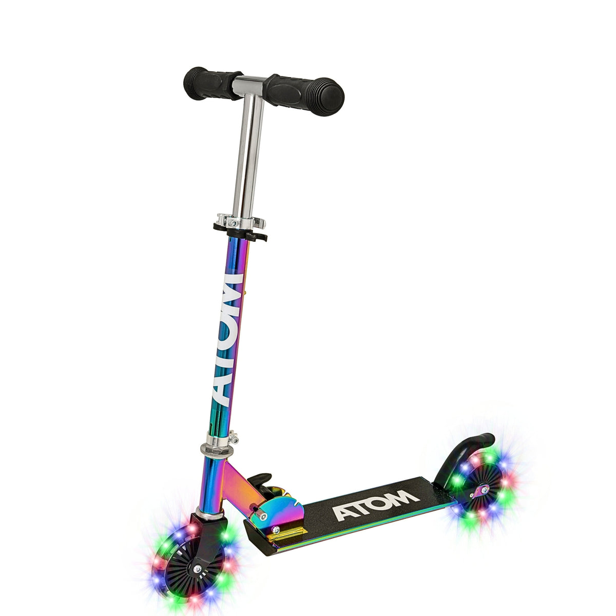 ATOM Light-Up Inline Scooter in Neochrome – Kids 2-Wheel Folding Scooter with LED Flashing Wheels and Adjustable Handlebar for Ages 5+