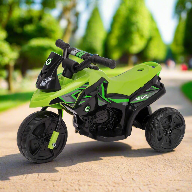 Battery-powered green and black EVO Venom Trike Ride-On for 2-year-olds, featuring a stable three-wheel design, ergonomic seat, and push-button acceleration for safe and thrilling outdoor adventures.