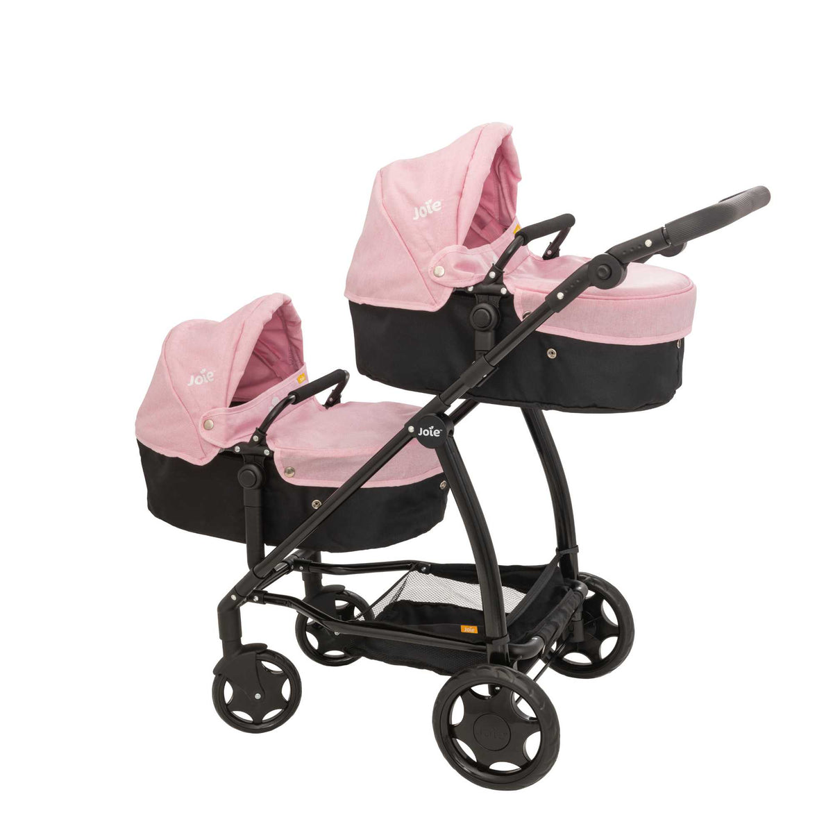 Joie Evalite Twin Dolls Pram with 9 play modes, featuring a stylish design in pink and black, adjustable handle height, swivel wheels, and a large storage basket, perfect for versatile and imaginative play with dolls.