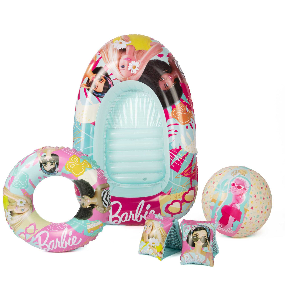 Barbie Swim Set including a vibrant swim ring, armbands, inflatable beach ball, and boat, featuring colorful Barbie designs, perfect for pool and beach fun for kids.