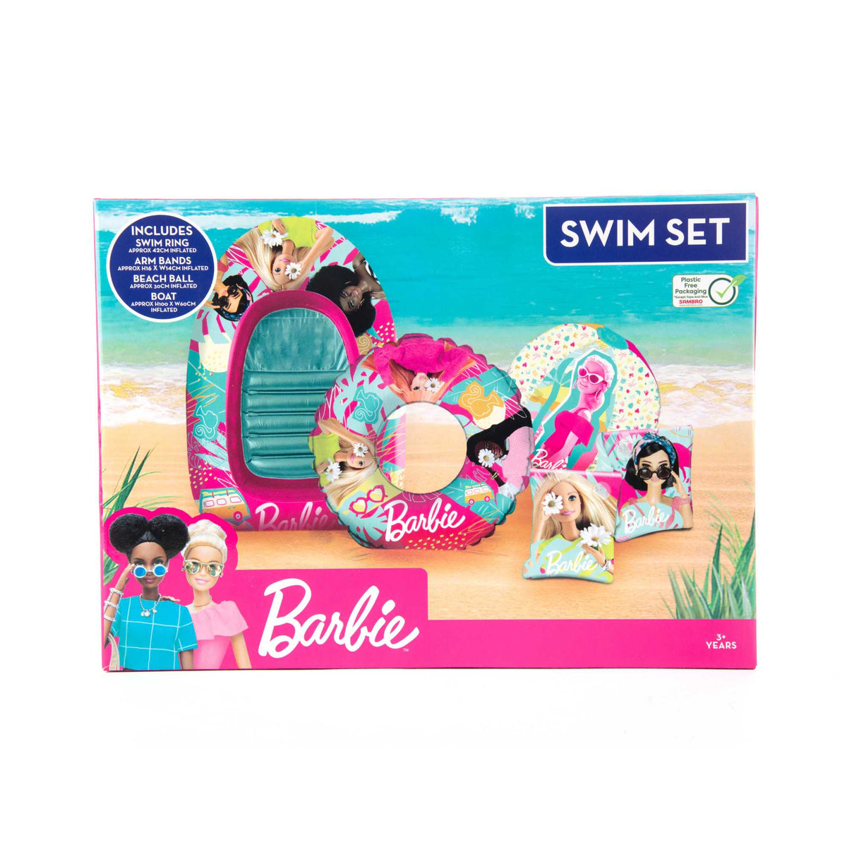 Barbie Swim Set including a vibrant swim ring, armbands, inflatable beach ball, and boat, featuring colorful Barbie designs, perfect for pool and beach fun for kids.