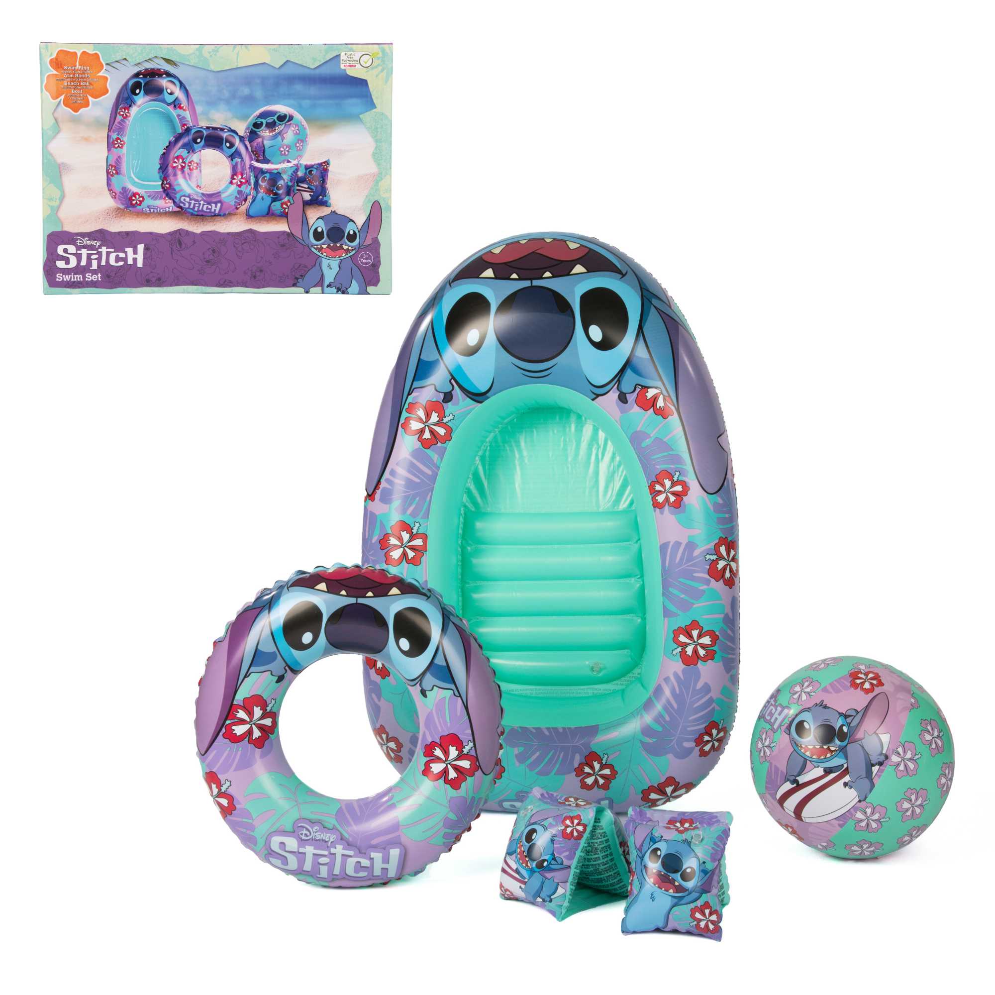 Stitch Swim Set including a vibrant swim ring, armbands, inflatable beach ball, and boat, featuring colorful Stitch designs, perfect for pool and beach fun for kids.