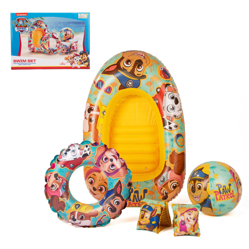 Paw Patrol Swim Set including a vibrant swim ring, armbands, inflatable beach ball, and boat, featuring colorful Paw Patrol designs, perfect for pool and beach fun for kids.