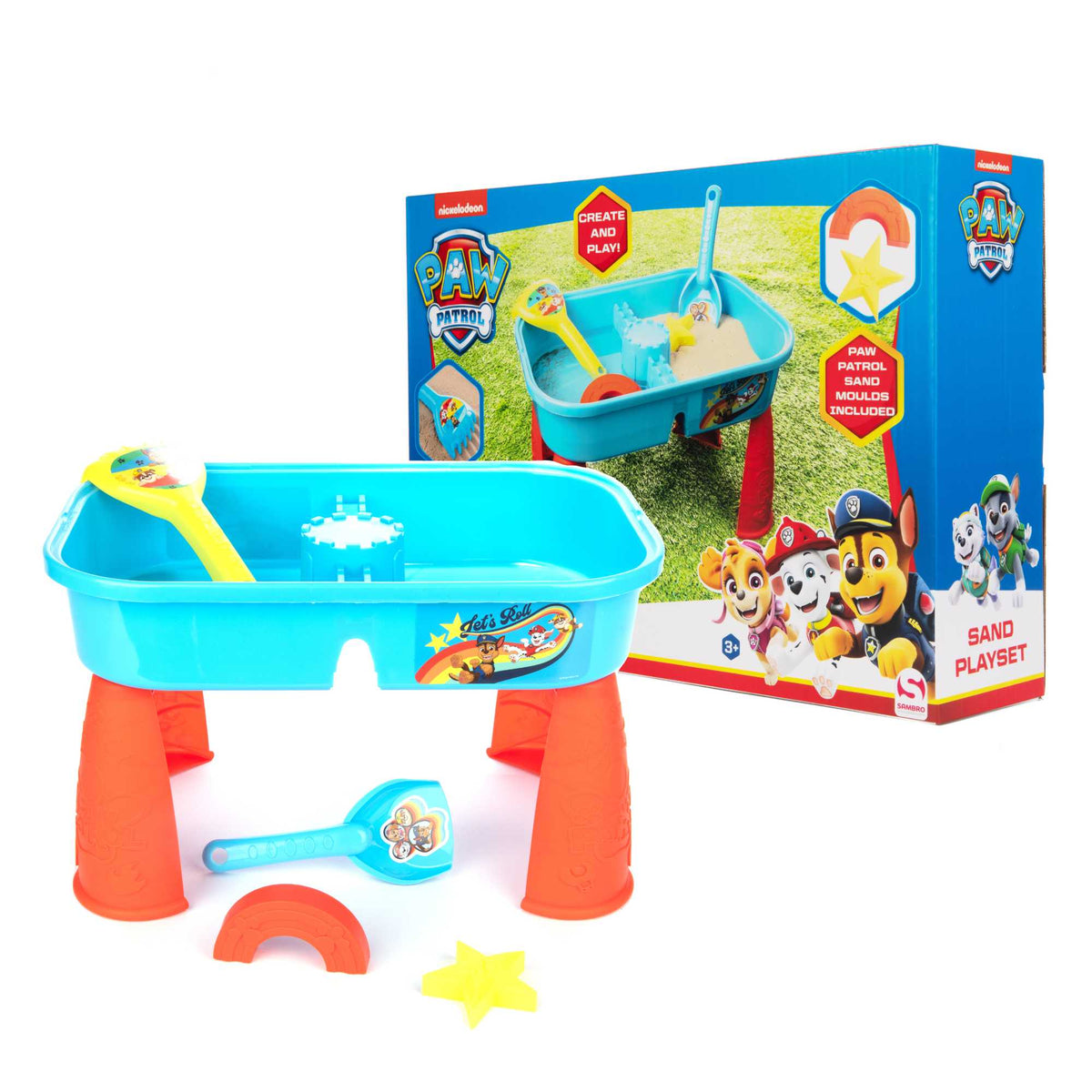 Paw Patrol Sand &amp; Water Play Table with accessories for kids, featuring sand and water compartments, perfect for outdoor play and Paw Patrol-themed adventures.