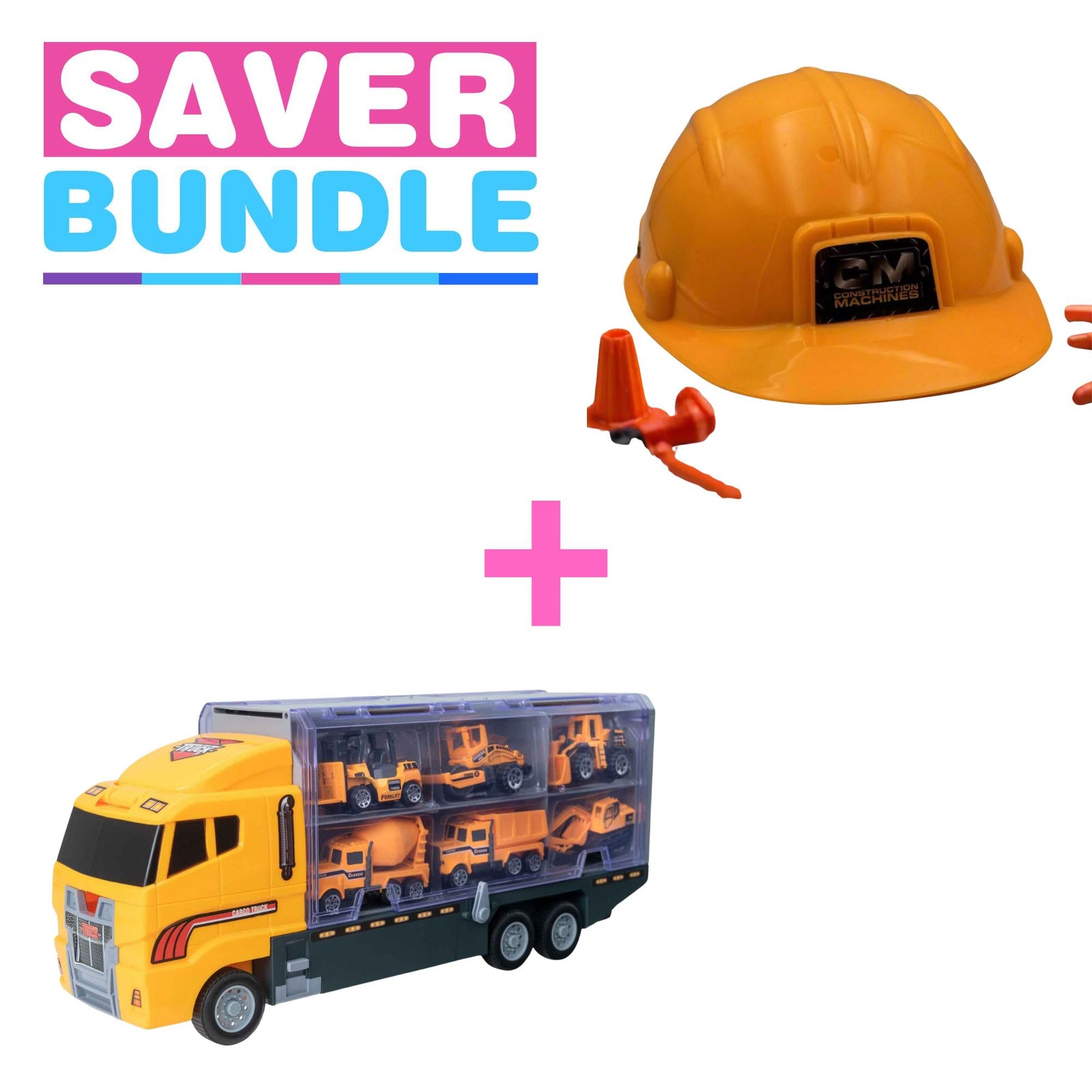 Childrens Yellow Hard Construction Helmet + Teamsterz Construction Transporter Toy Truck Playset Bundle