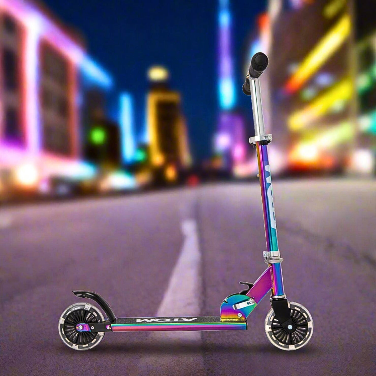 ATOM Light-Up Inline Scooter in Neochrome – Kids 2-Wheel Folding Scooter with LED Flashing Wheels and Adjustable Handlebar for Ages 5+