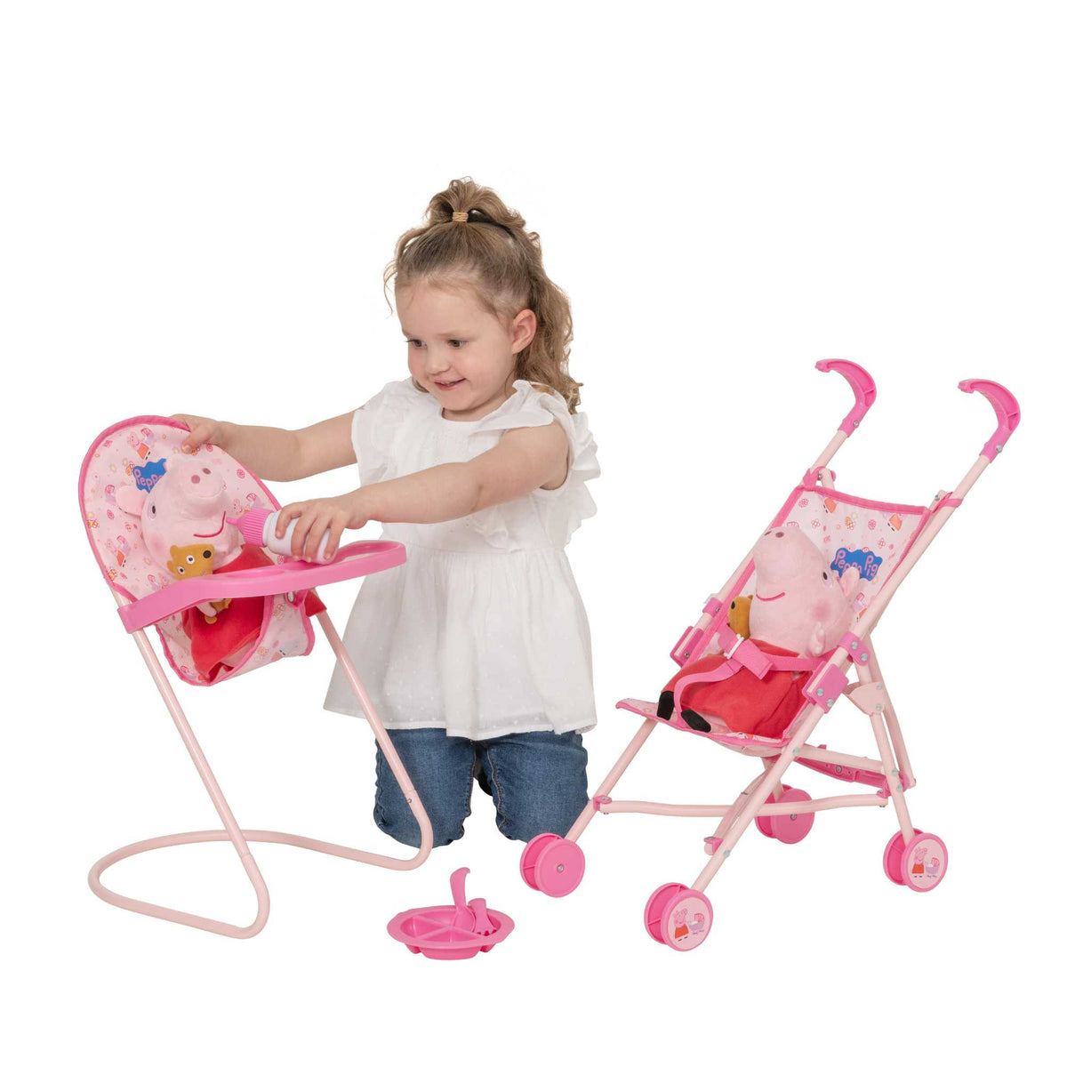 Peppa Pig Nursery Bundle - 7 Piece Playset: A colourful Peppa Pig-themed toy set including a high chair, stroller, Feeding set, perfect for toddlers&#39; imaginative play and doll care.