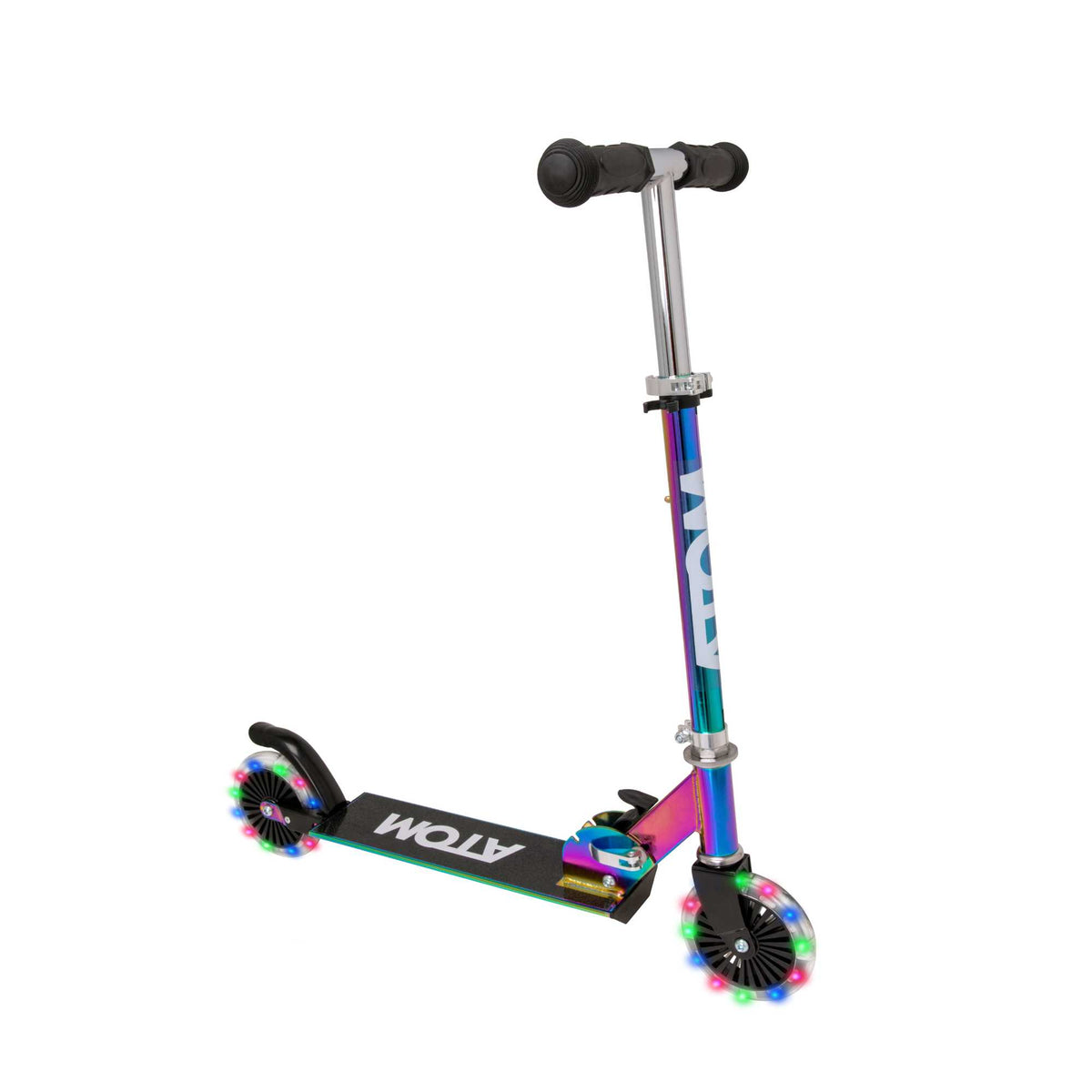 ATOM Inline Children&#39;s Kick Scooter in bright colours, designed for kids with a sturdy frame, adjustable handlebars, and smooth-rolling wheels, perfect for outdoor fun and active play.