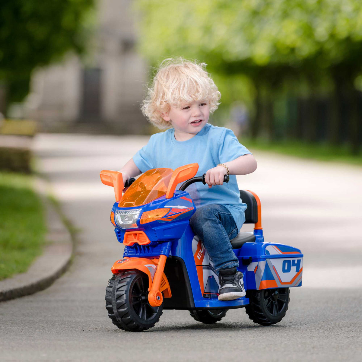 EVO Zoom Blue Sport Bike Ride On for ages 2+, featuring a vibrant blue colour, sporty design, sturdy frame, wide stable wheels, and easy-grip handles for safe and exciting outdoor play.