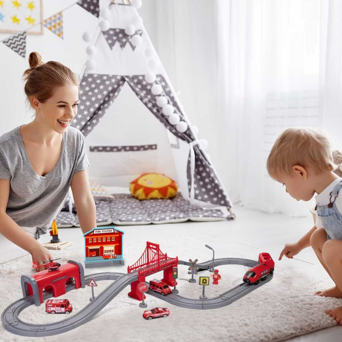 Teamsterz Fire Service Rescue Train Set - 66 Pieces Included Helicopters &amp; Planes