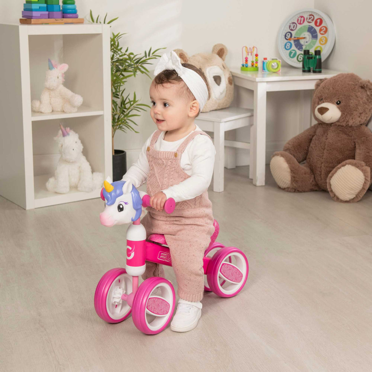 Fun and colourful EVO Character Heads Bobble Bike featuring adorable Unicorn and Dino designs for kids, perfect for teaching children balance and coordination.