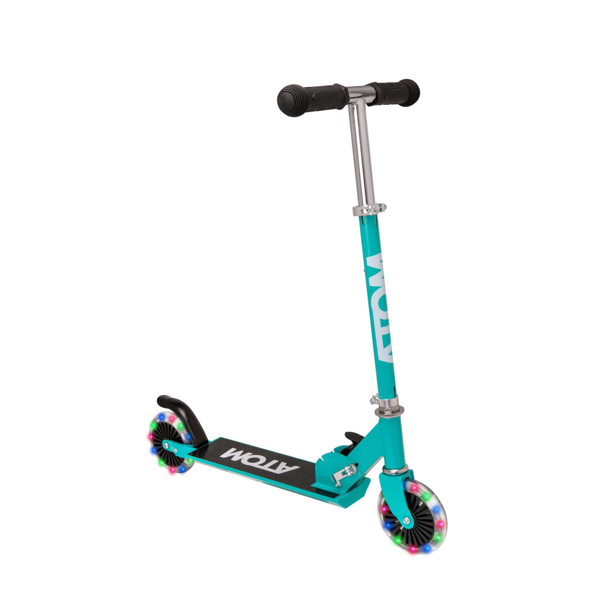 ATOM Inline Children&#39;s Kick Scooter in bright colours, designed for kids with a sturdy frame, adjustable handlebars, and smooth-rolling wheels, perfect for outdoor fun and active play.