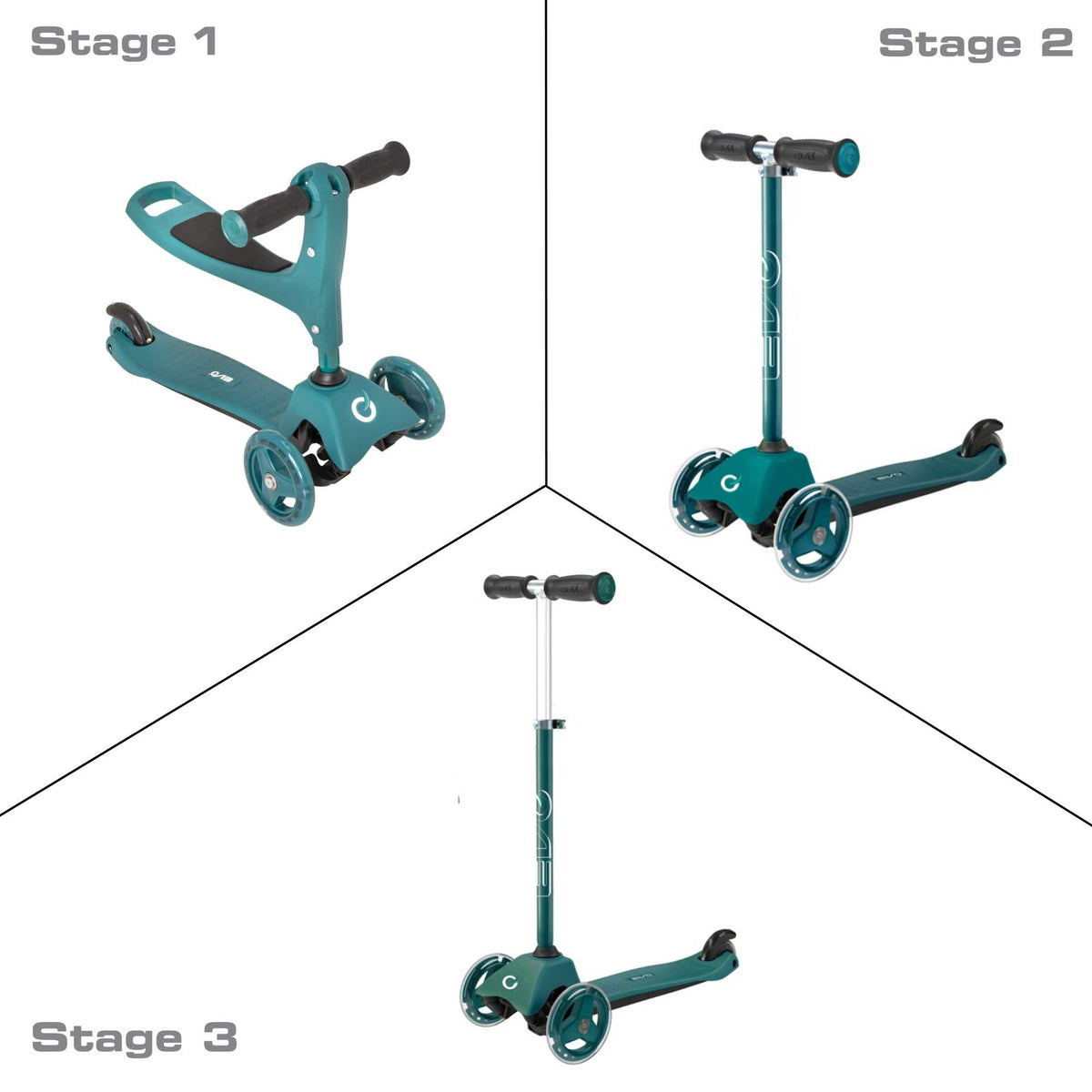 Children&#39;s EVO 3-in-1 Cruiser for ages 1+ in vibrant colors, offering adjustable features for growing kids, perfect for enhancing motor skills and outdoor fun.