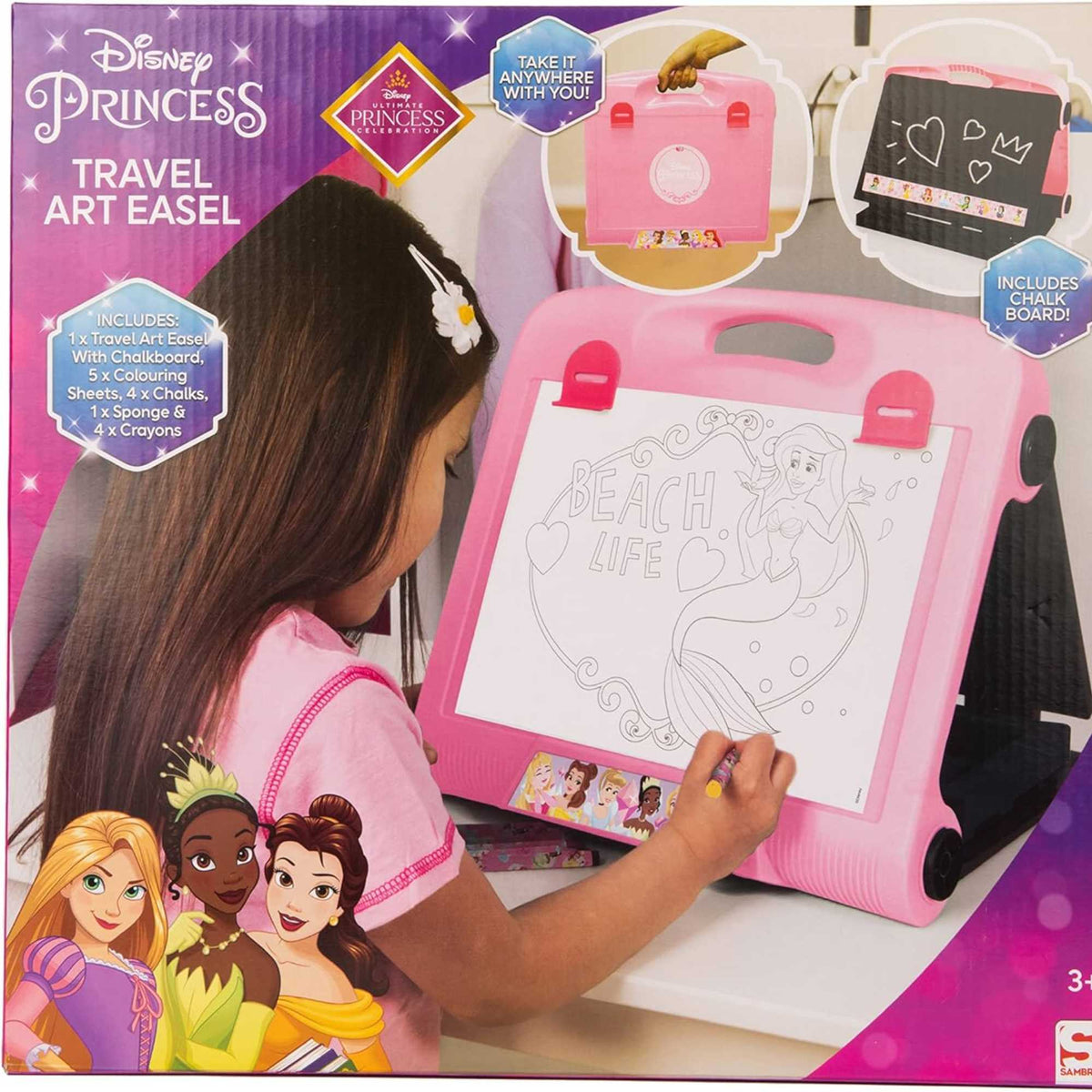 Disney Princess Art Easel featuring double-sided chalkboard and colouring pages with beloved Disney princess characters, and included art supplies for kids&#39; creative play and learning.