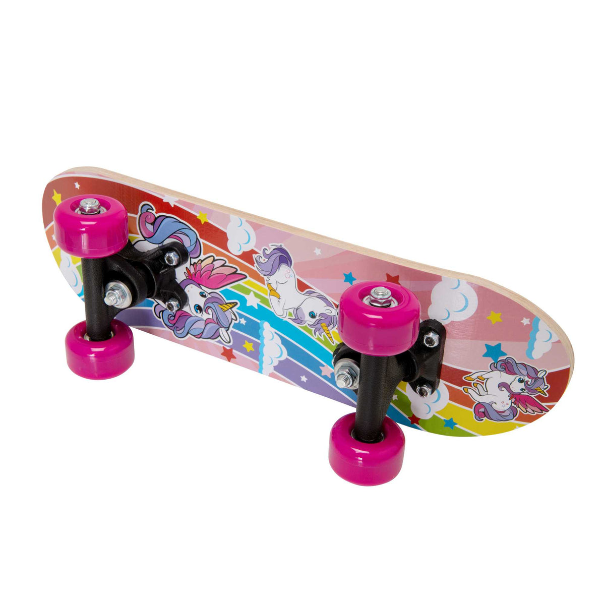 ATOM 17-inch Children&#39;s Skateboard with a vibrant graphic design, durable deck, and smooth-rolling wheels, ideal for young beginners learning to skateboard.