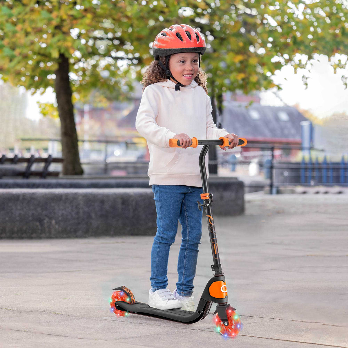 EVO Children&#39;s Light Up Light Speed Scooter for Kids Ages 5 and Up with LED Wheels and Adjustable Handlebar, perfect for enhancing motor skills and outdoor fun.