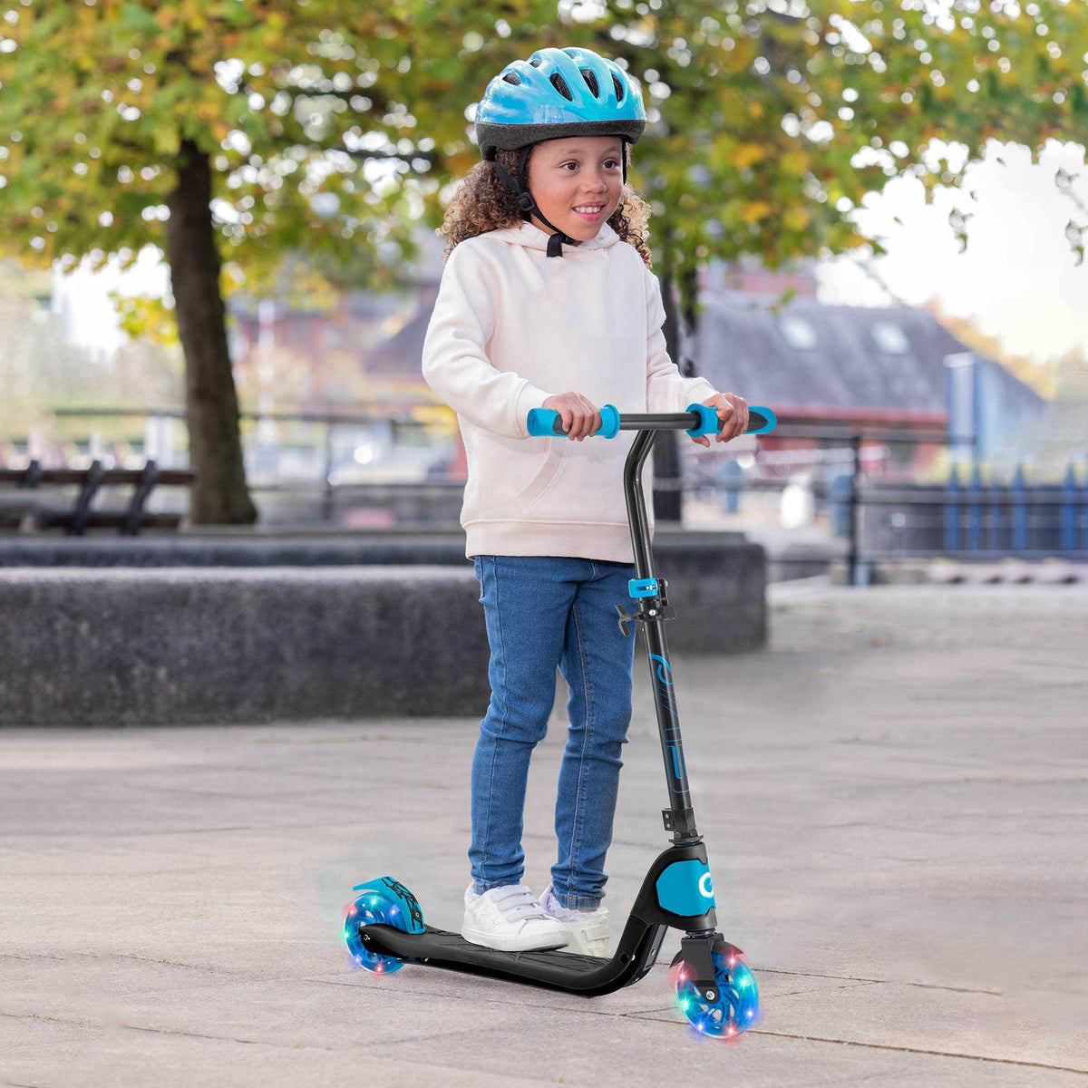 EVO Light Speed Scooter - Blue &amp; BlackEVO Children&#39;s Light Up Light Speed Scooter for Kids Ages 5 and Up with LED Wheels and Adjustable Handlebar, perfect for enhancing motor skills and outdoor fun.