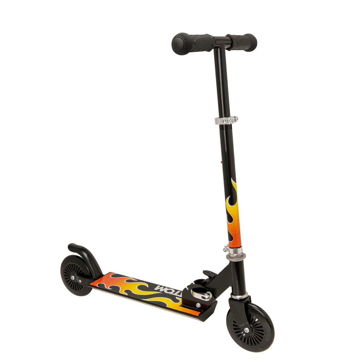 ATOM Inline 2-wheeled children&#39;s scooter in a sleek black flames theme, featuring a robust design, fiery graphics, and an exciting style perfect for young adventurers