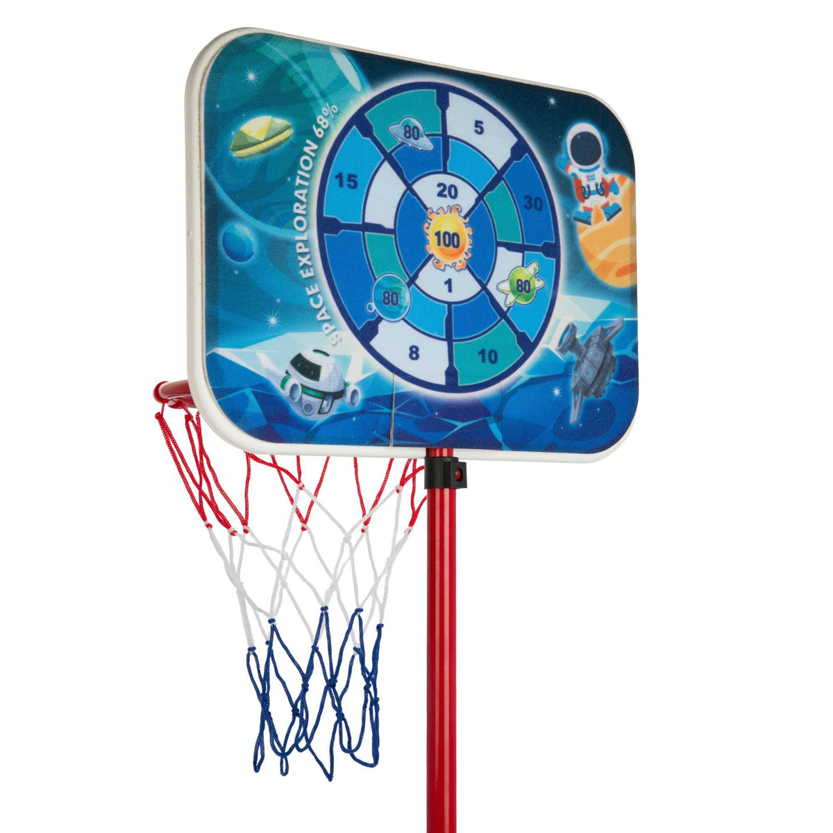 2-in-1 Kids Basketball Hoop Set with Adjustable Height, Sticky Dart Board, Velcro Darts, 3 Mini Balls, Ball Pump, and Water-Fillable Base for Indoor and Outdoor Play