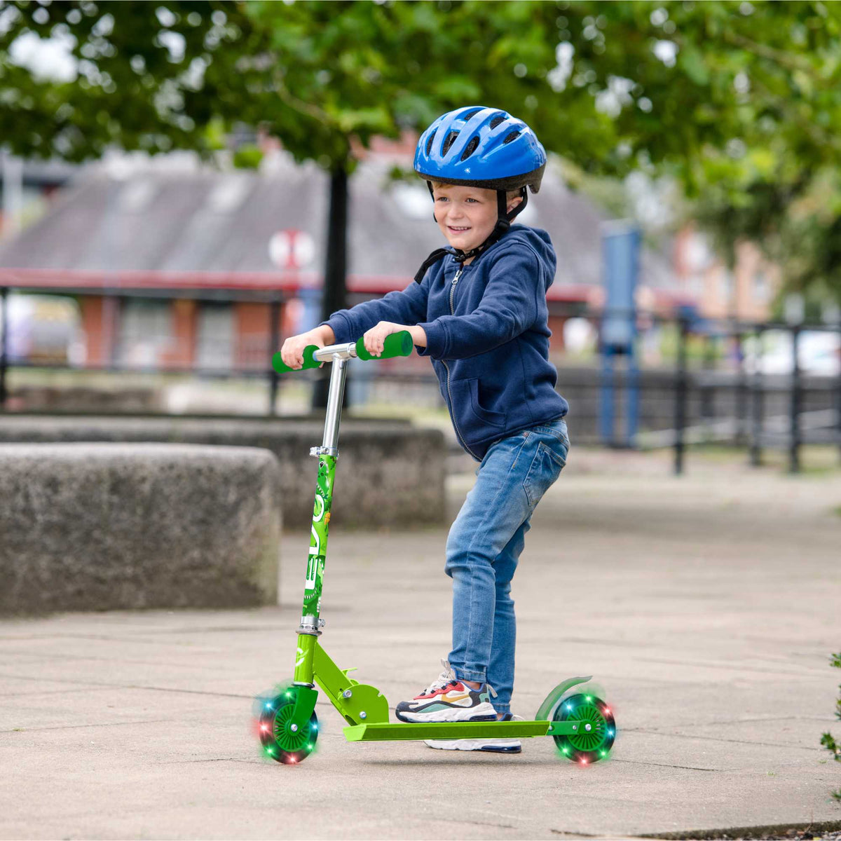 EVO Children&#39;s Light Up Inline Scooter for Kids Ages 5 and Up with LED Wheels and Adjustable Handlebar, perfect for enhancing motor skills and outdoor fun.