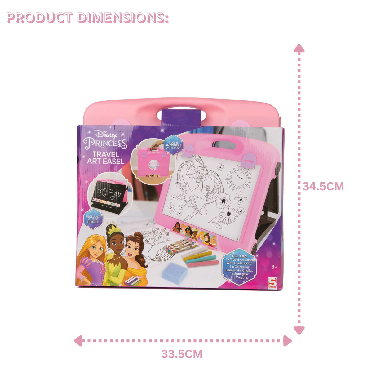 Disney Princess Art Easel featuring double-sided chalkboard and colouring pages with beloved Disney princess characters, and included art supplies for kids&#39; creative play and learning.