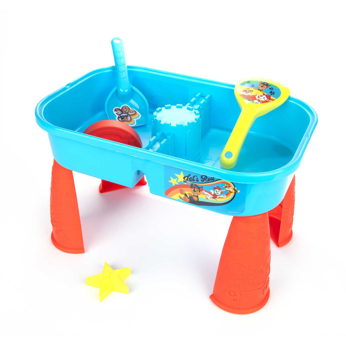 Paw Patrol Sand &amp; Water Play Table with accessories for kids, featuring sand and water compartments, perfect for outdoor play and Paw Patrol-themed adventures.