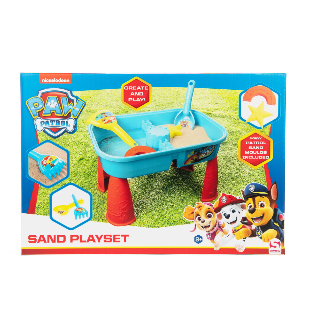 Paw Patrol Sand &amp; Water Play Table with accessories for kids, featuring sand and water compartments, perfect for outdoor play and Paw Patrol-themed adventures.