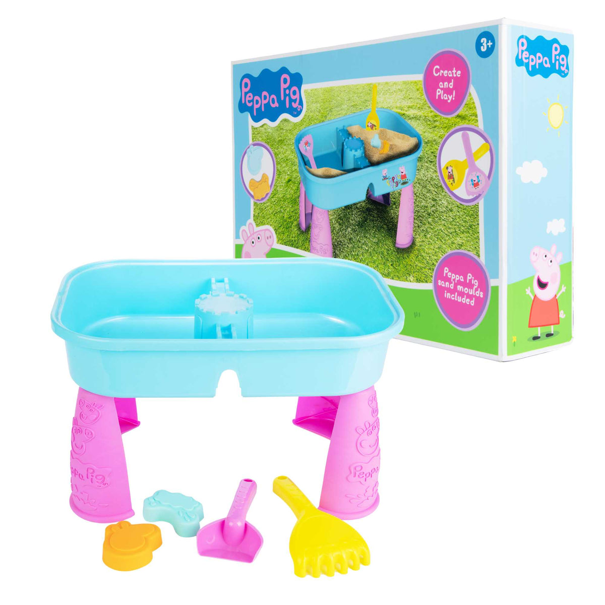 Peppa Pig Sand &amp; Water Play Table with fun accessories for kids, featuring separate sand and water compartments, perfect for outdoor sensory play and Peppa Pig fans.