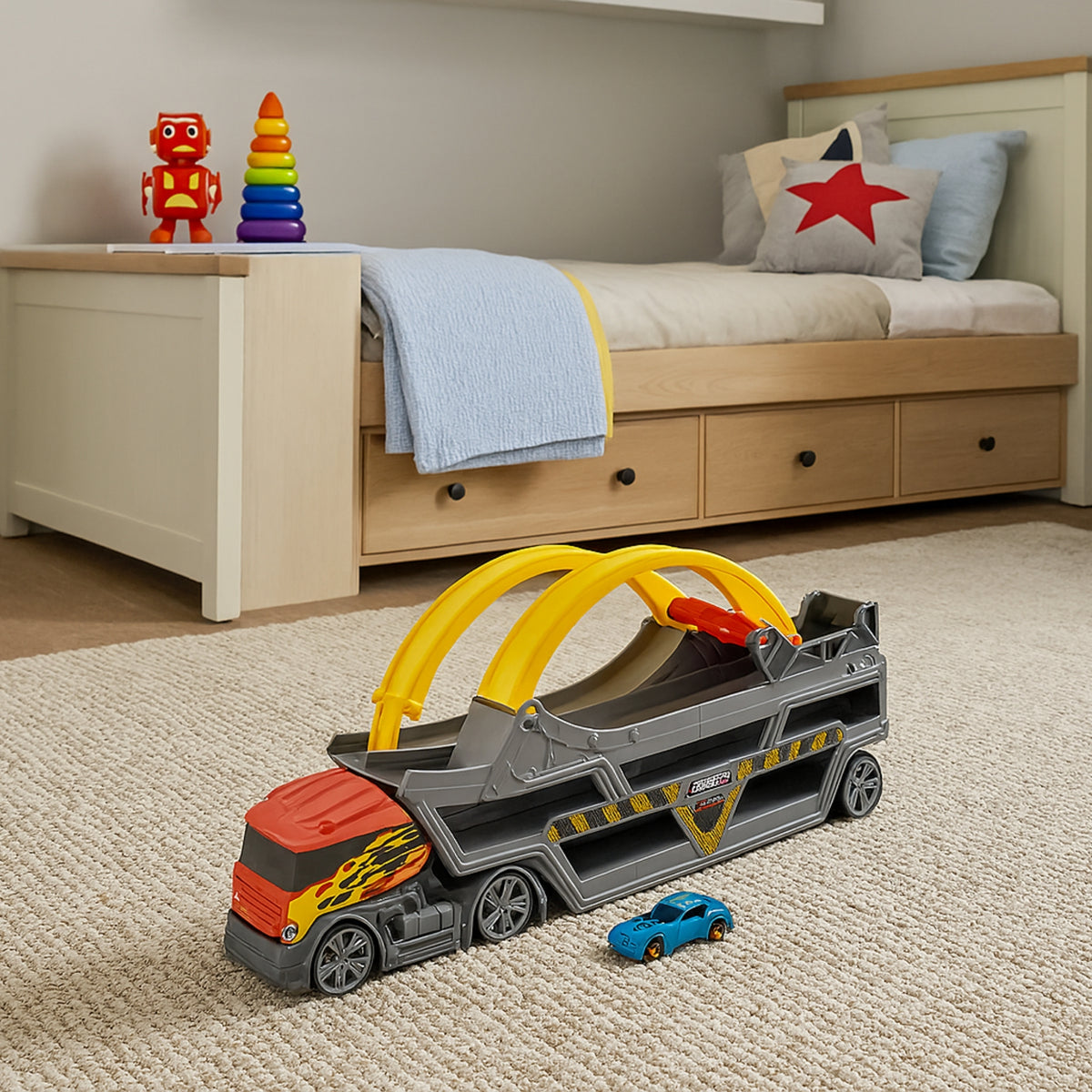 Kids Racing Toy – Teamsterz Launch &amp; Loop Transporter with Adjustable Track and Storage for 14 Cars