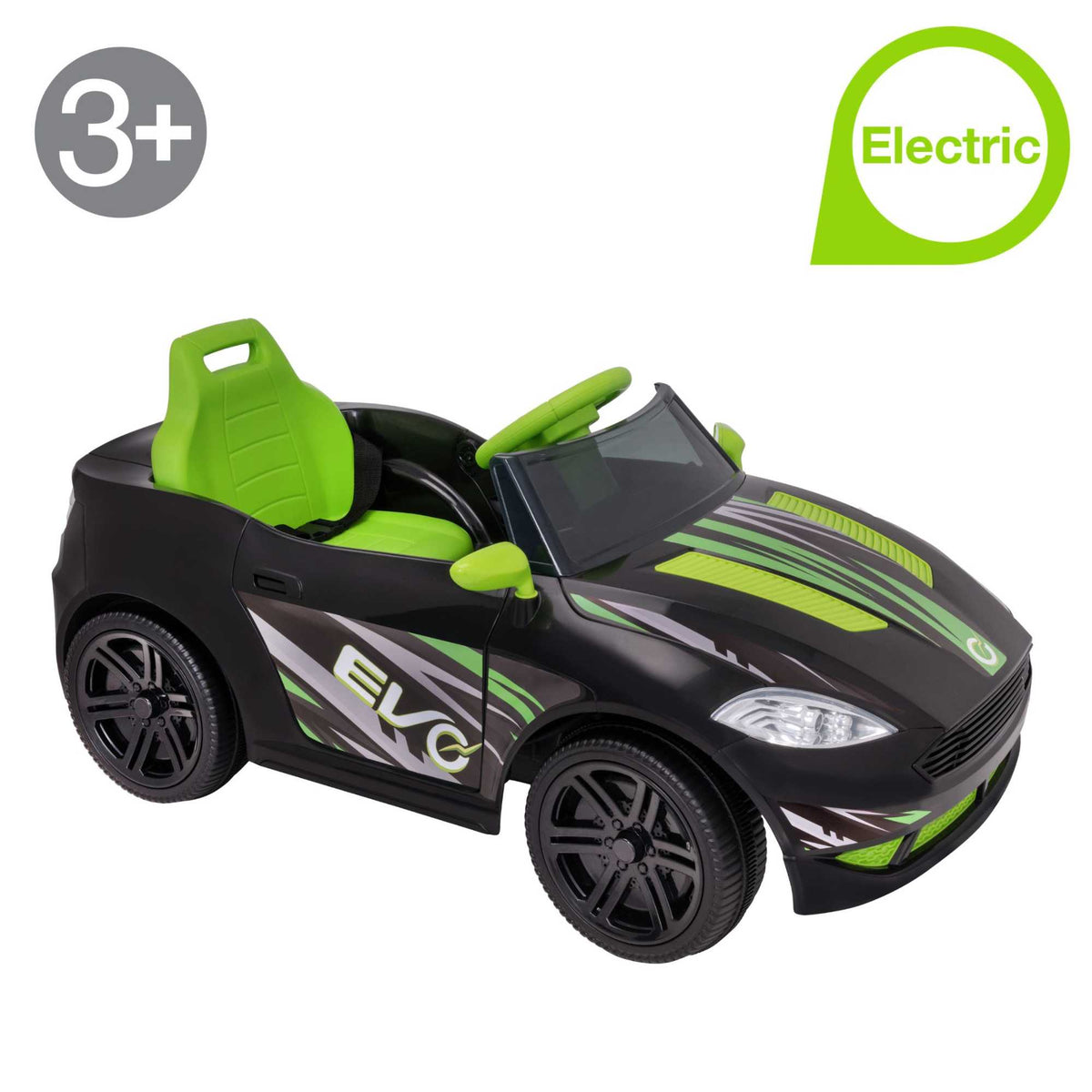 Green EVO Venom Car Ride-On for ages 3+, featuring a bold green colour, rugged rally design, durable frame, wide stable wheels, and easy-grip wheel for safe and adventurous outdoor play.