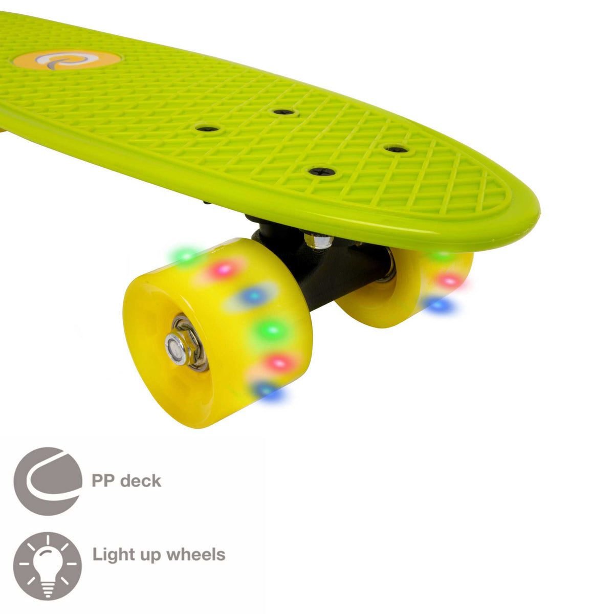 Children’s EVO 22-inch Penny Board in pink with light-up wheels, showcasing a compact design and vibrant retro style, perfect for young riders. The board features a textured grip surface and smooth, illuminated wheels that light up during movement. 