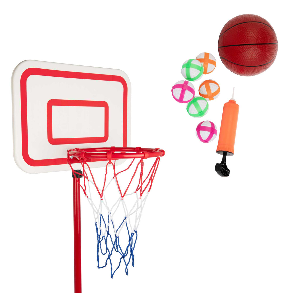 2-in-1 Kids Basketball Hoop Set with Adjustable Height, Sticky Dart Board, Velcro Darts, 3 Mini Balls, Ball Pump, and Water-Fillable Base for Indoor and Outdoor Play