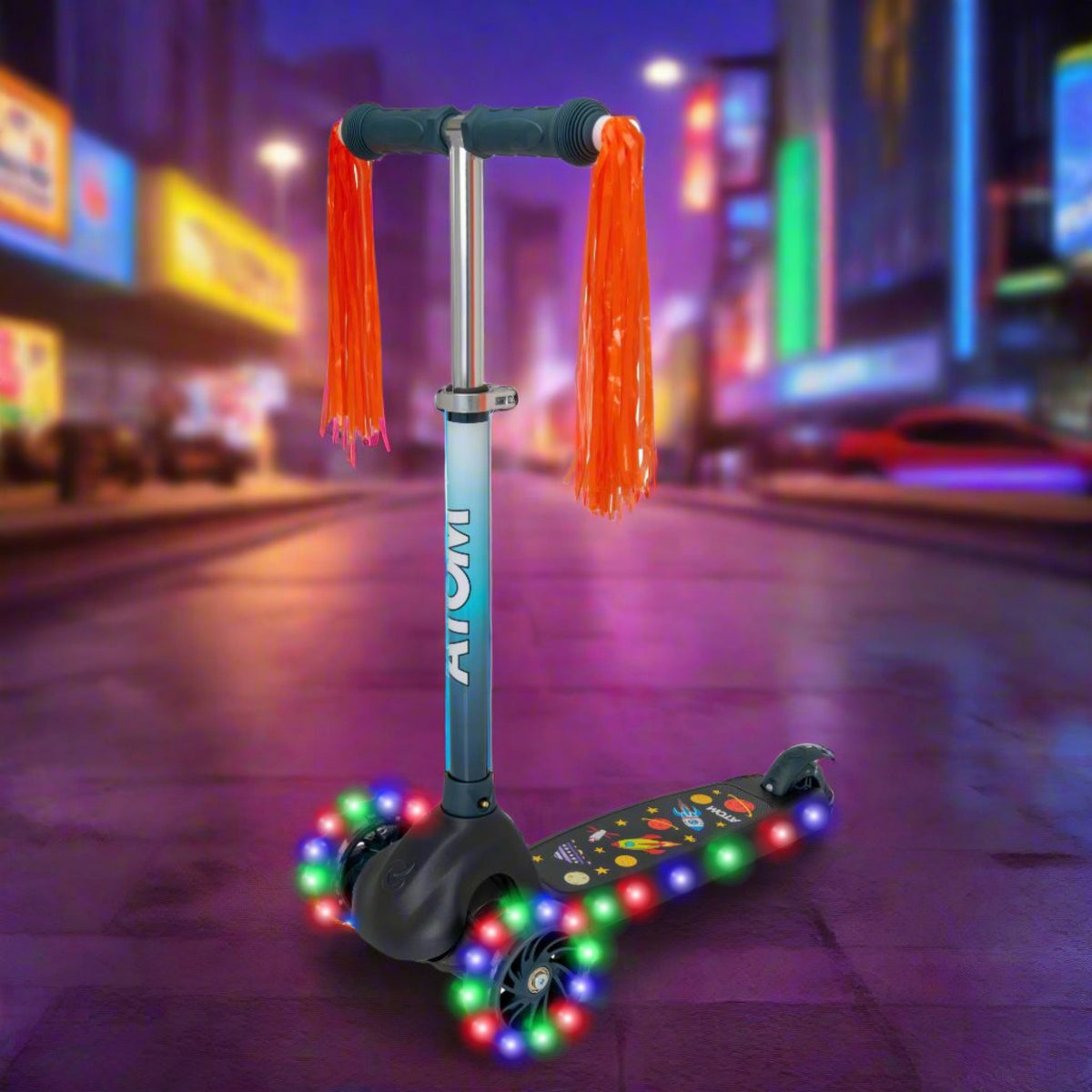 ATOM Eclipse Light-Up Scooter in Solar Design – Kids 3-Wheel Scooter with LED Deck and Flashing Wheels for Ages 5+.