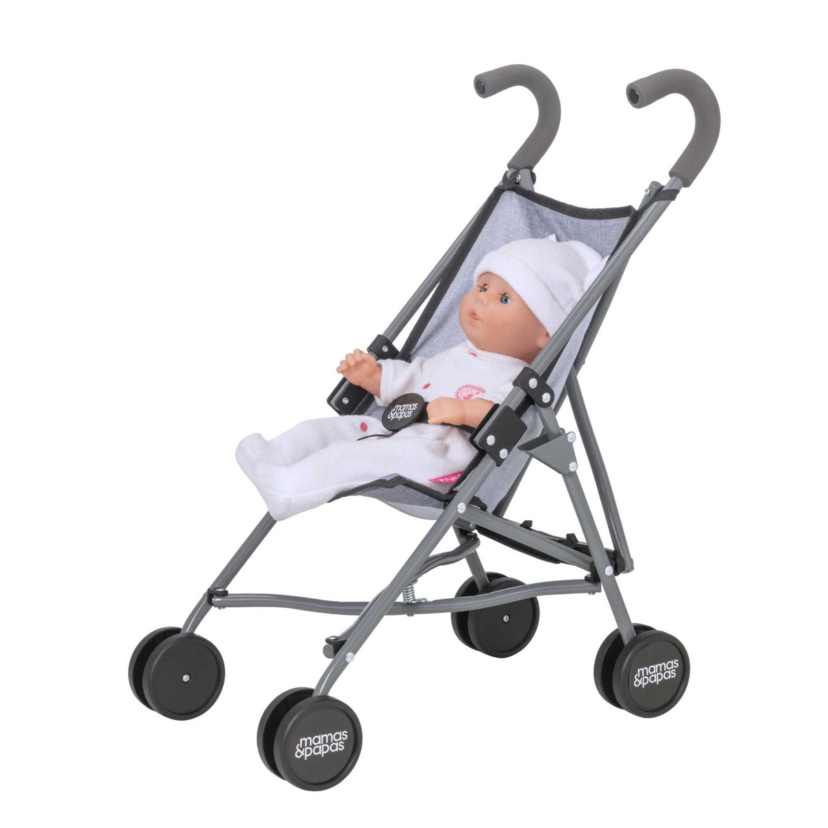 Mamas &amp; Papas Junior Doll Stroller in grey, featuring a foldable and lightweight design for easy storage and portability, ideal for children&#39;s imaginative play with dolls.